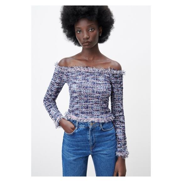 NWT ZARA Frayed Tweed Off the Shoulder Frayed Top S Blue - Picture 9 of 9